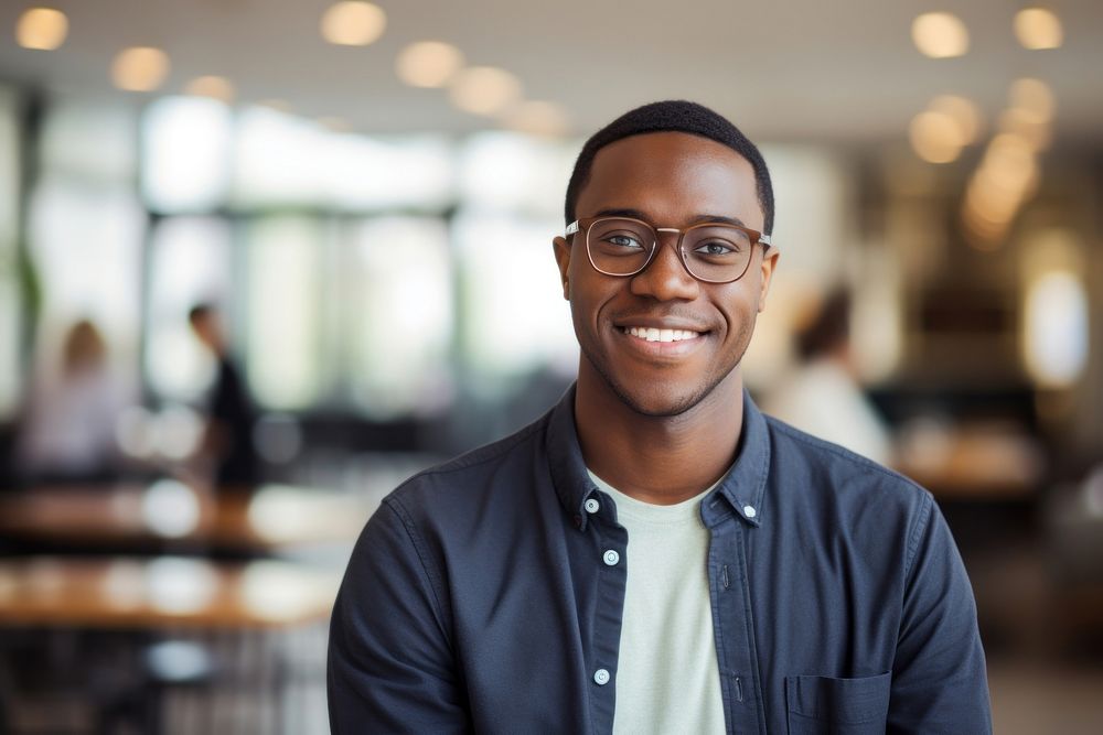 Happy millennial african american man in glasses adult smile happy.
