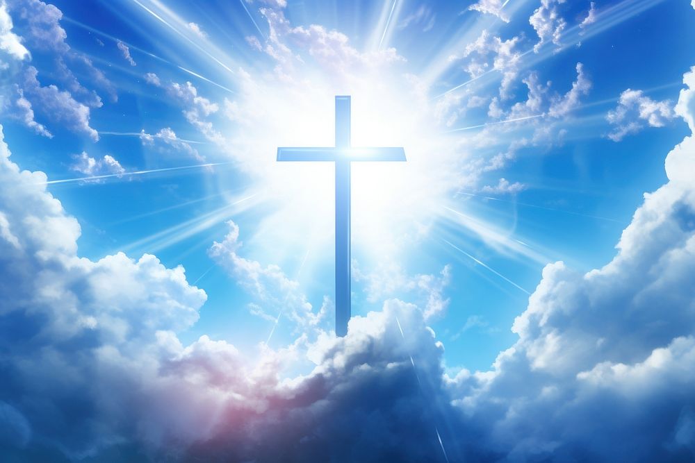 Heaven cross blue sky religion background backgrounds sunlight outdoors. AI generated Image by rawpixel.