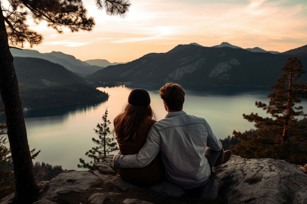 A couple sitting cutely on a mountain lake wilderness landscape.