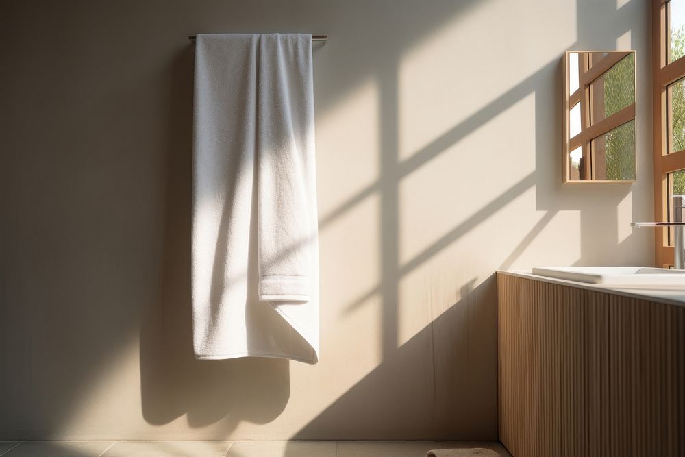 White towel hanging on Towel stand in bathroom architecture furniture flooring.