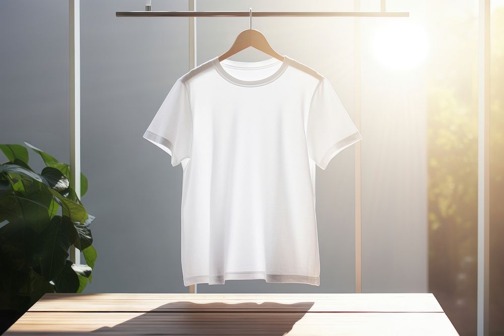 White t-shirt hanging on Clothes rack  sleeve coathanger undershirt.