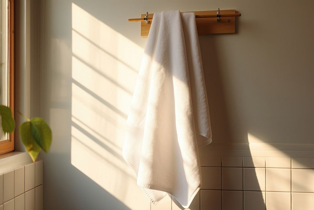 White towel hanging on Towel stand room flooring bathroom.