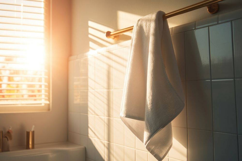 White towel hanging on Towel stand in bathroom architecture flooring sunlight.