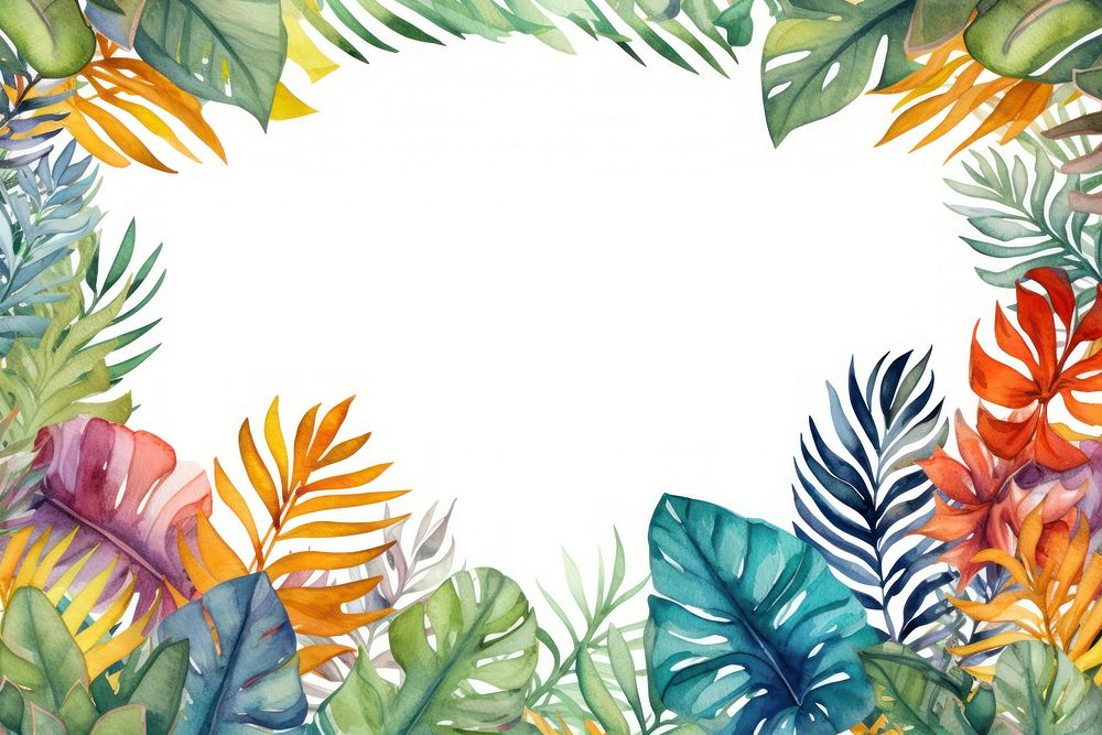Watercolor colorful tropical leaves border outdoors pattern nature.