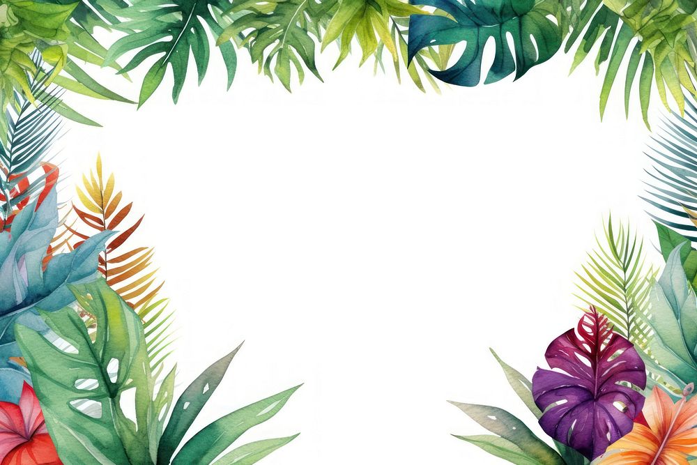Watercolor colorful tropical leaves border outdoors tropics pattern.