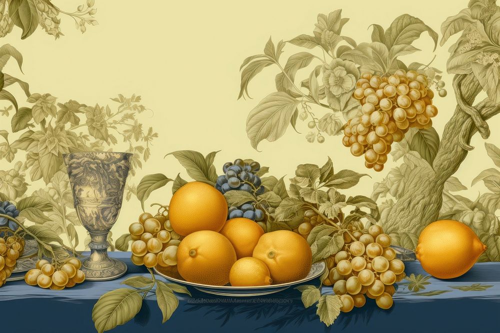 Fruits on tray painting grapes plant.