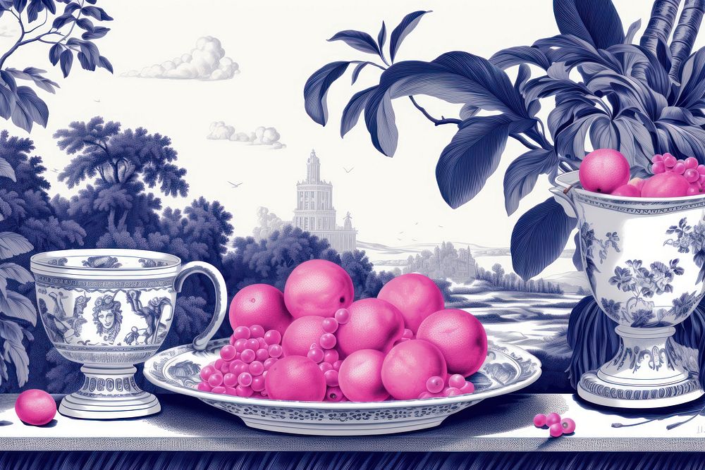 Fruits on tray porcelain painting purple.