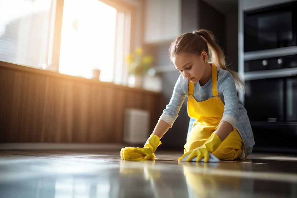 Wet-mop cleaning floor child glove cleanliness. AI generated Image by rawpixel.