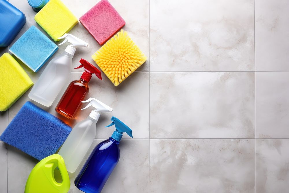 Colorful cleaning set backgrounds bathroom bottle. AI generated Image by rawpixel.