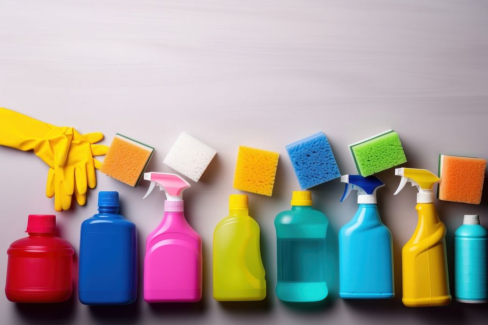 Colorful cleaning set plastic bottle container. AI generated Image by rawpixel.