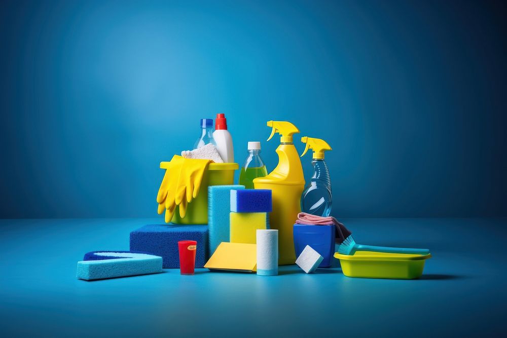 Colorful cleaning set blue blue background creativity. AI generated Image by rawpixel.