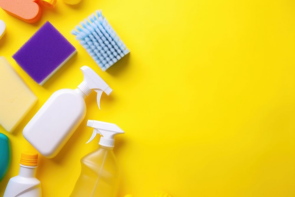 Colorful cleaning set yellow yellow background container. AI generated Image by rawpixel.