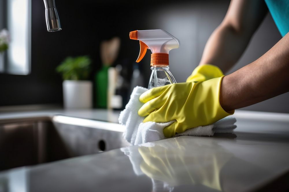 Doing chores in bathroom cleaning sink faucet. 