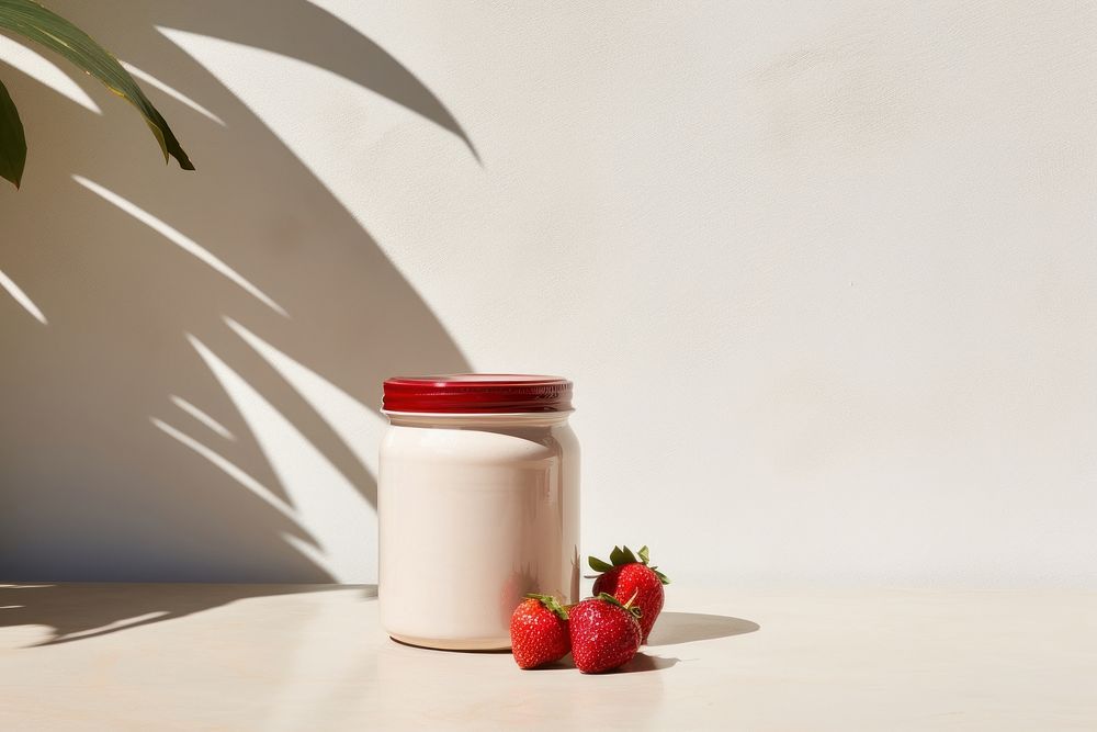 White jam jar with strawberry fruit plant food.