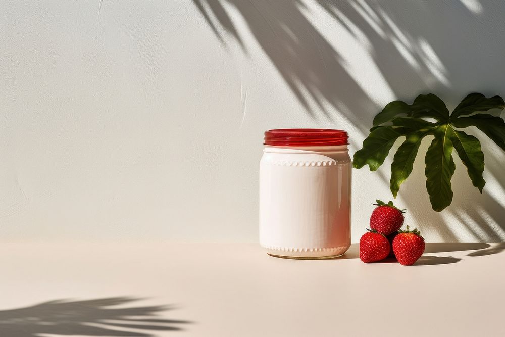 White jam jar with strawberry container lighting fruit.
