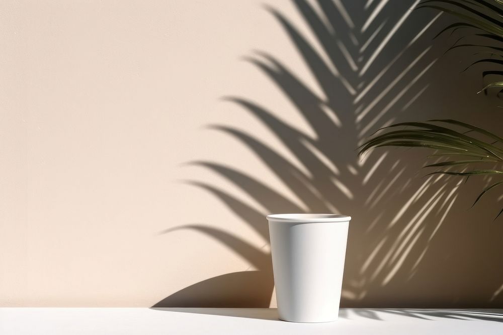 White paper coffee cup with coffee bean shadow plant wall.