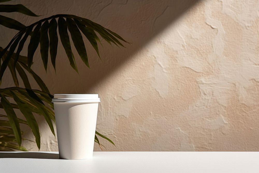 White paper coffee cup with coffee bean architecture wall plant.