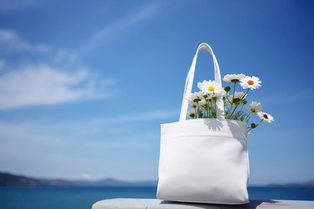 A white tote bag  flower outdoors handbag.