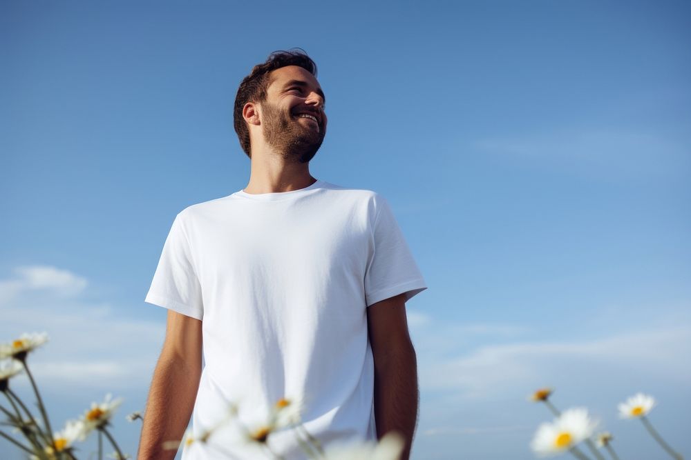 Happy man wearing white t-shirt flower summer adult.