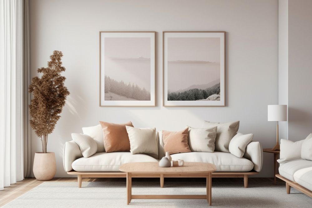A cozy living room with two posters frame on the wall architecture furniture cushion.
