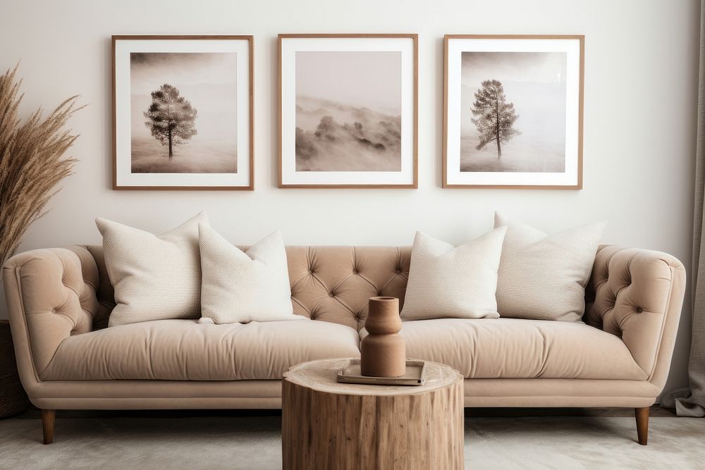 A cozy living room with two posters frame on the wall furniture painting cushion.