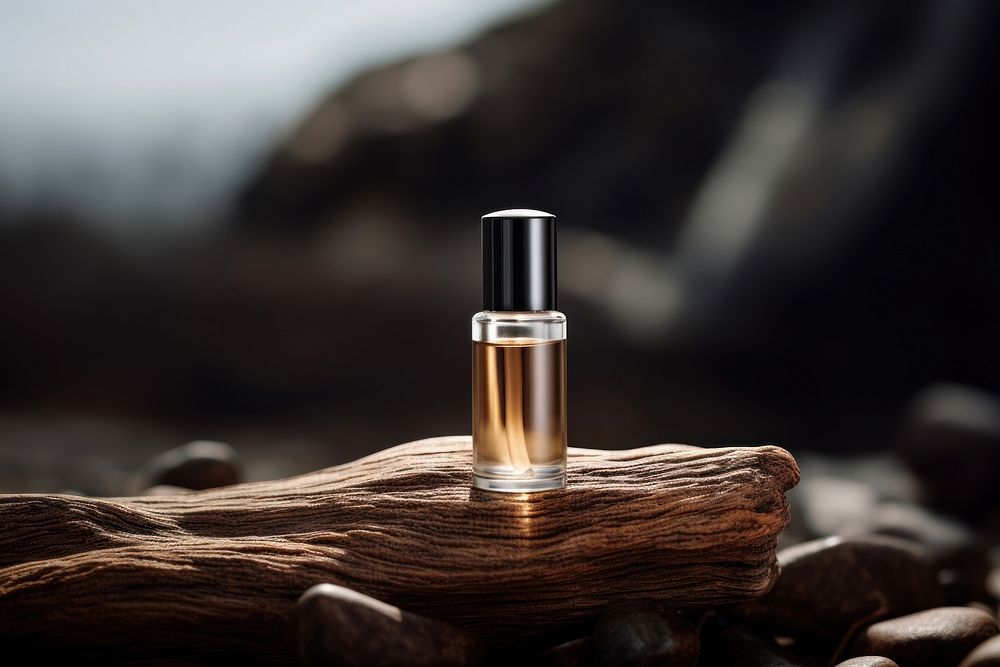 A Moisturizing serum floating on top of a drift wood cosmetics perfume nature. AI generated Image by rawpixel.