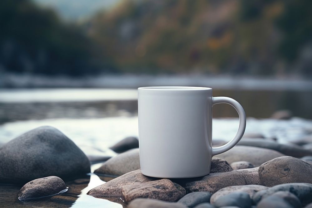 Mug on rocks with stream of water coffee drink cup.