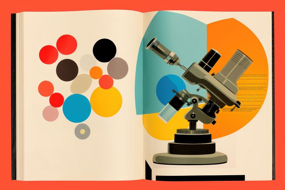 Collage of a open science book microscope magnification technology.