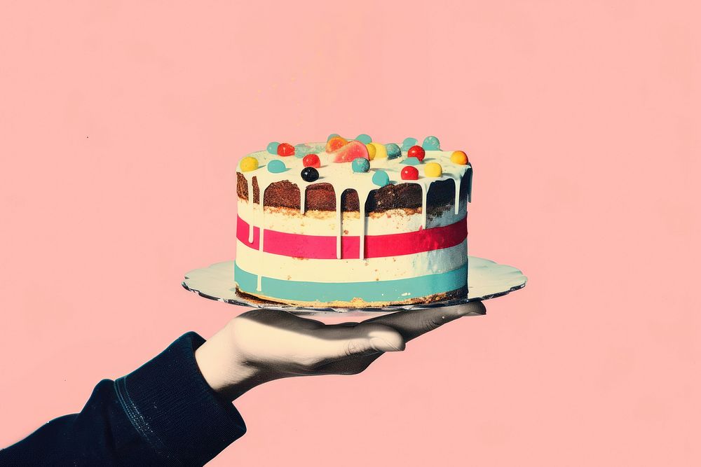 Collage of hand birthday cake dessert food anniversary.