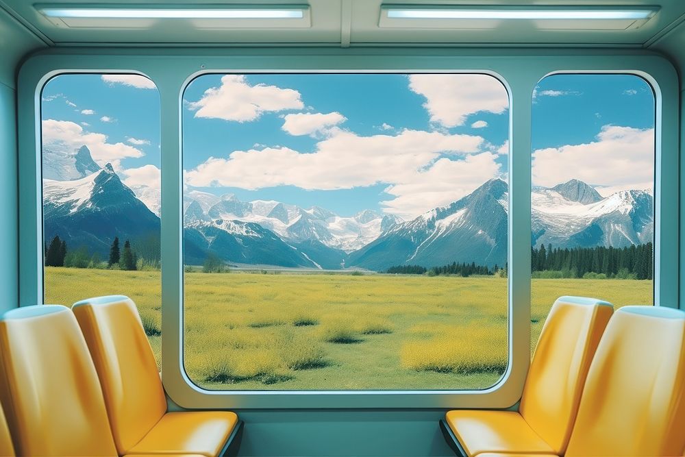Train interior window mountain nature tranquility.