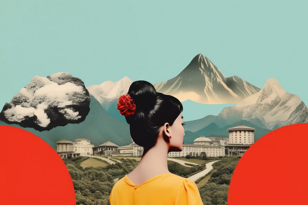 Collage Retro dreamy of travel to china architecture adult contemplation. AI generated Image by rawpixel.