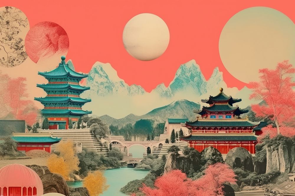 Collage Retro dreamy of travel to china architecture spirituality tranquility. AI generated Image by rawpixel.