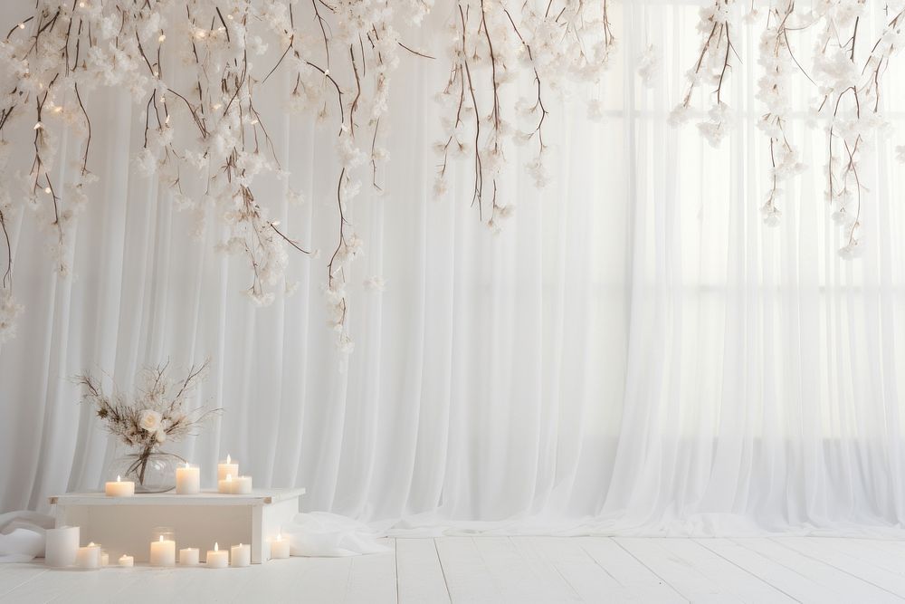 Wedding white wood backdrop mockup candle nature plant.