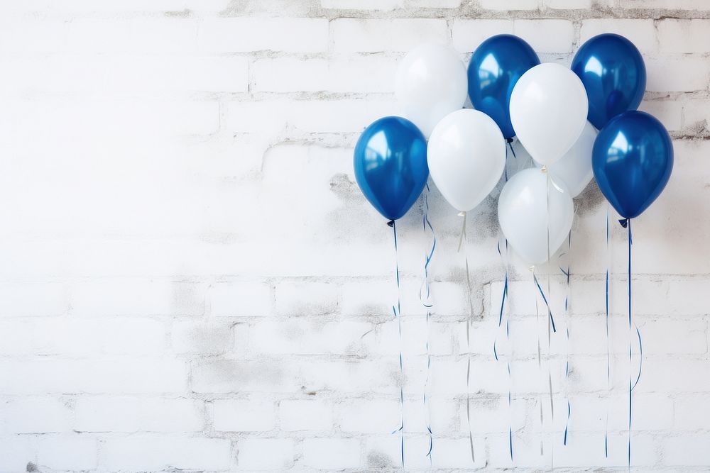 A group of blue and white latex balloons and glitter wall architecture anniversary. AI generated Image by rawpixel.
