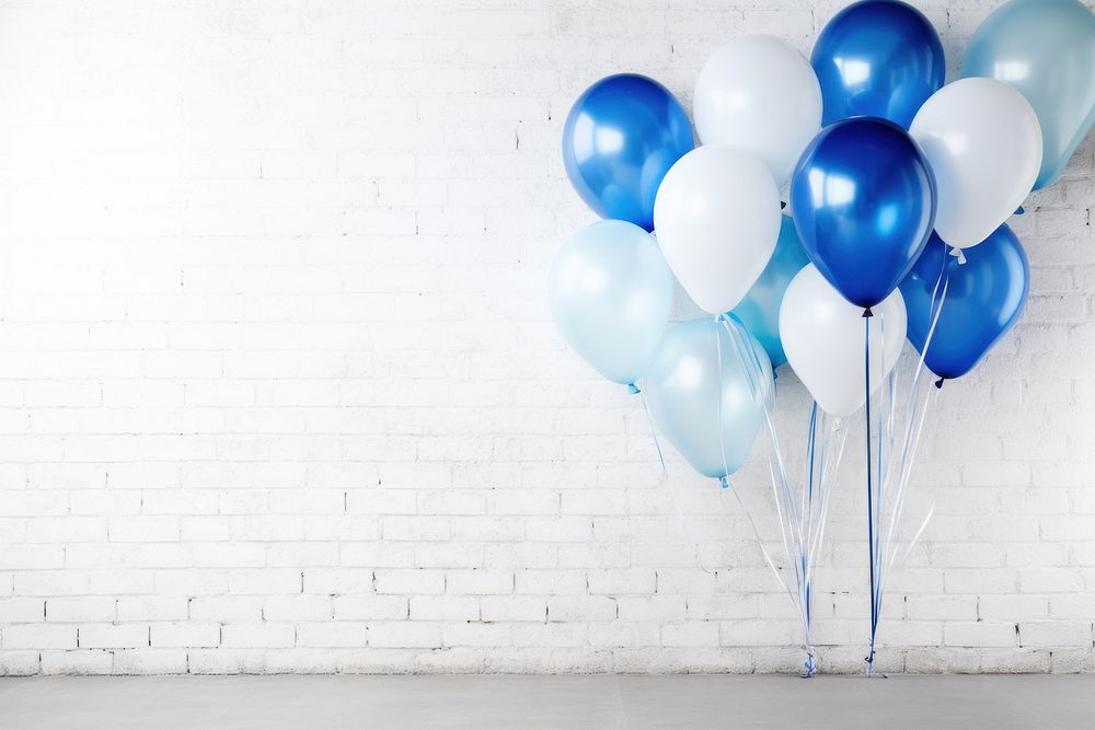 A group of blue and white latex balloons and glitter wall anniversary celebration. AI generated Image by rawpixel.