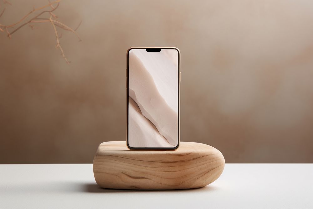 Mobile phone on rustic wood piece podium electronics technology simplicity.