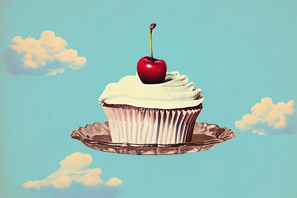 Retro collage of a cupcake with a cherry dessert food freshness.