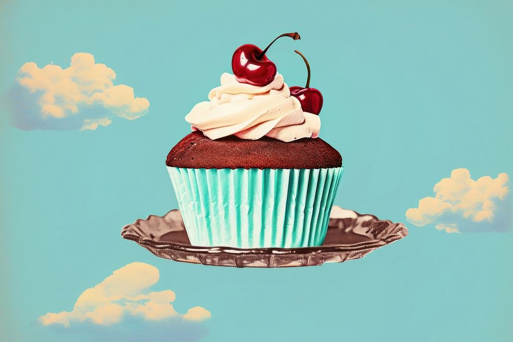 Retro collage of a cupcake with a cherry dessert cream food.
