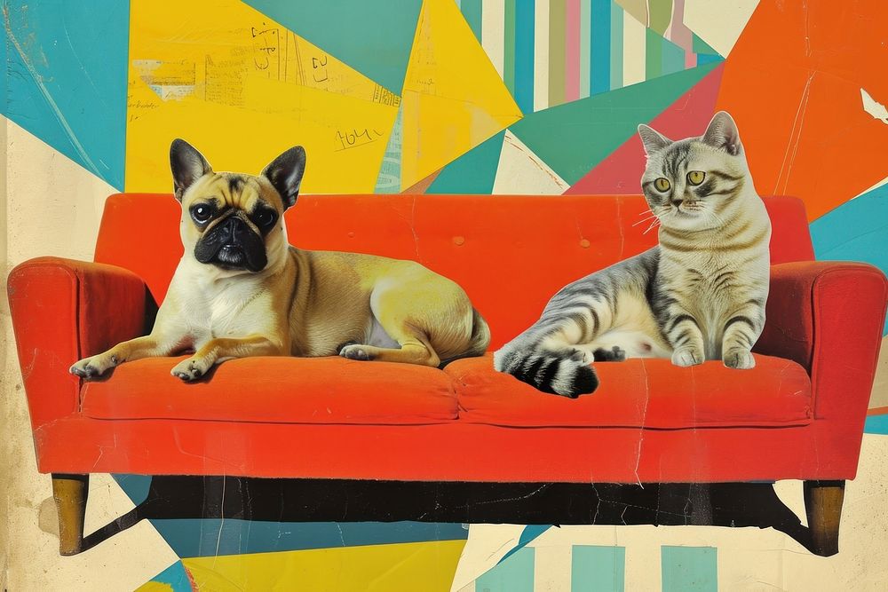 Retro collage of dog and cat on sofa furniture bulldog cushion.