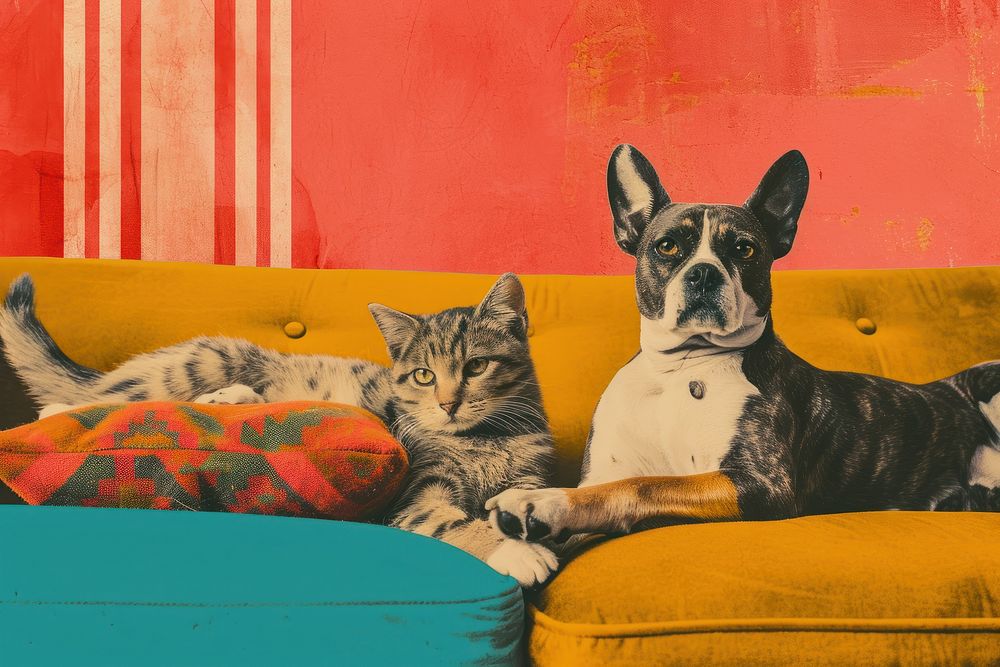 Retro collage of dog and cat on sofa furniture cushion bulldog.
