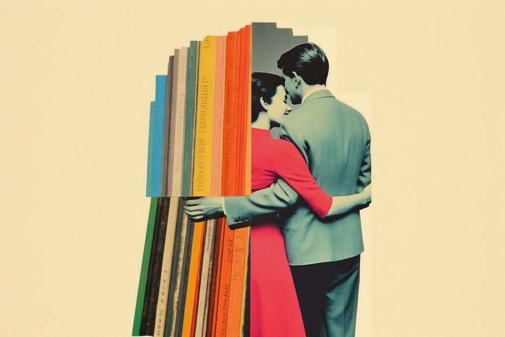 Retro collage of human hugs adult togetherness affectionate.