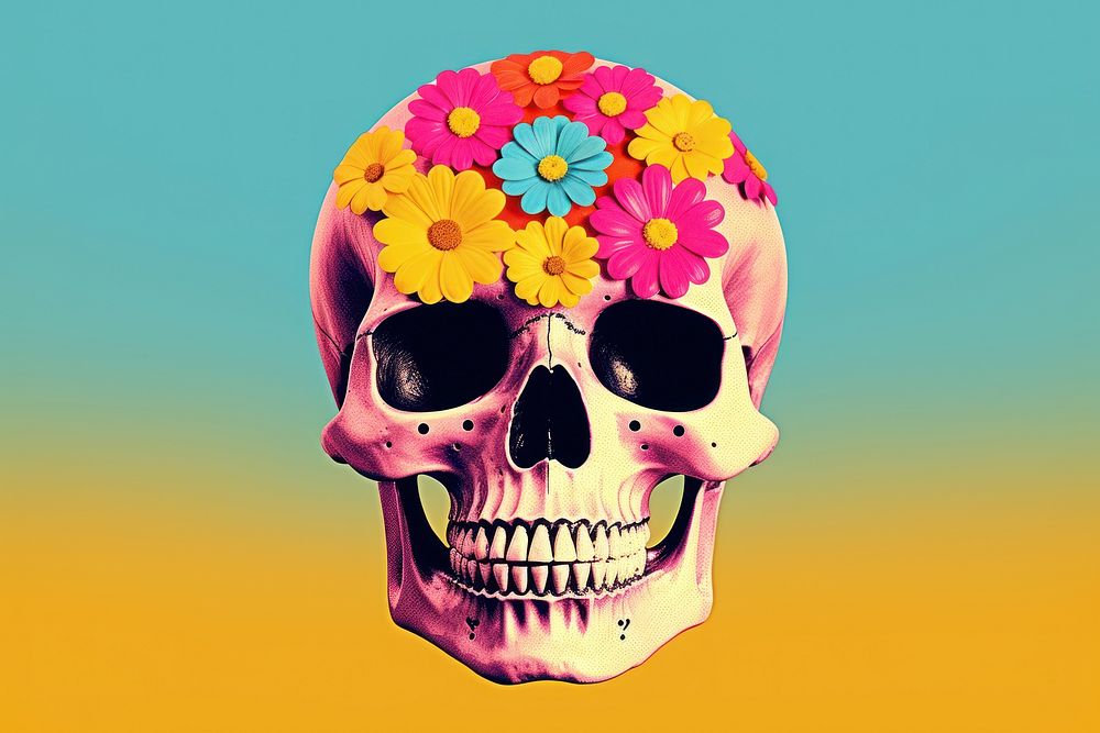 Retro collage of skull flower plant art.