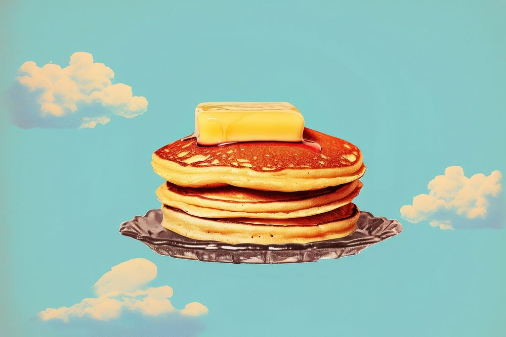 Retro collage of pancakes with Butter bread food breakfast.