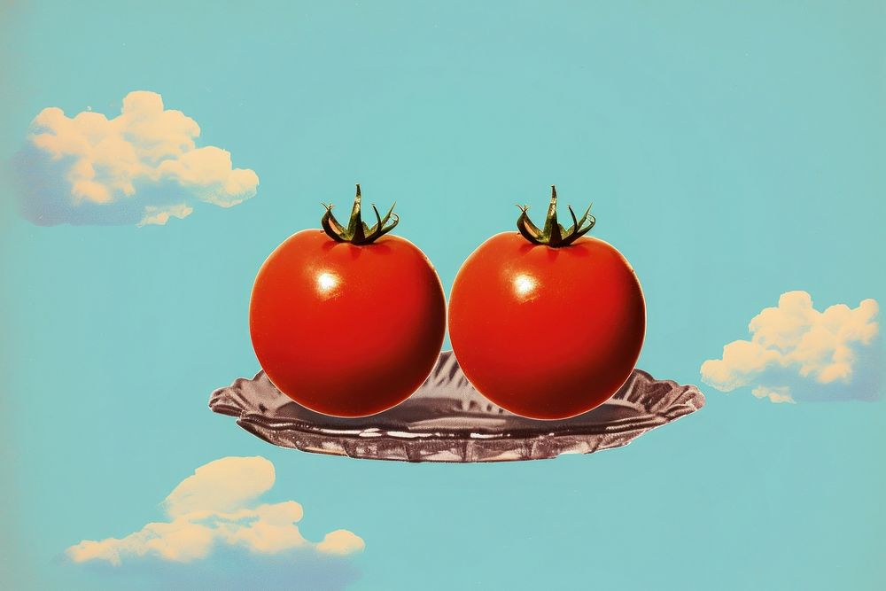 Retro collage of two red tomatos vegetable plant food.