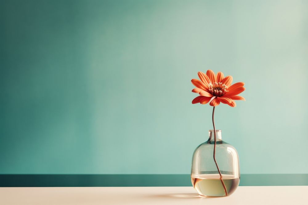 A flower in a vase on a table with mirror petal plant red. AI generated Image by rawpixel.