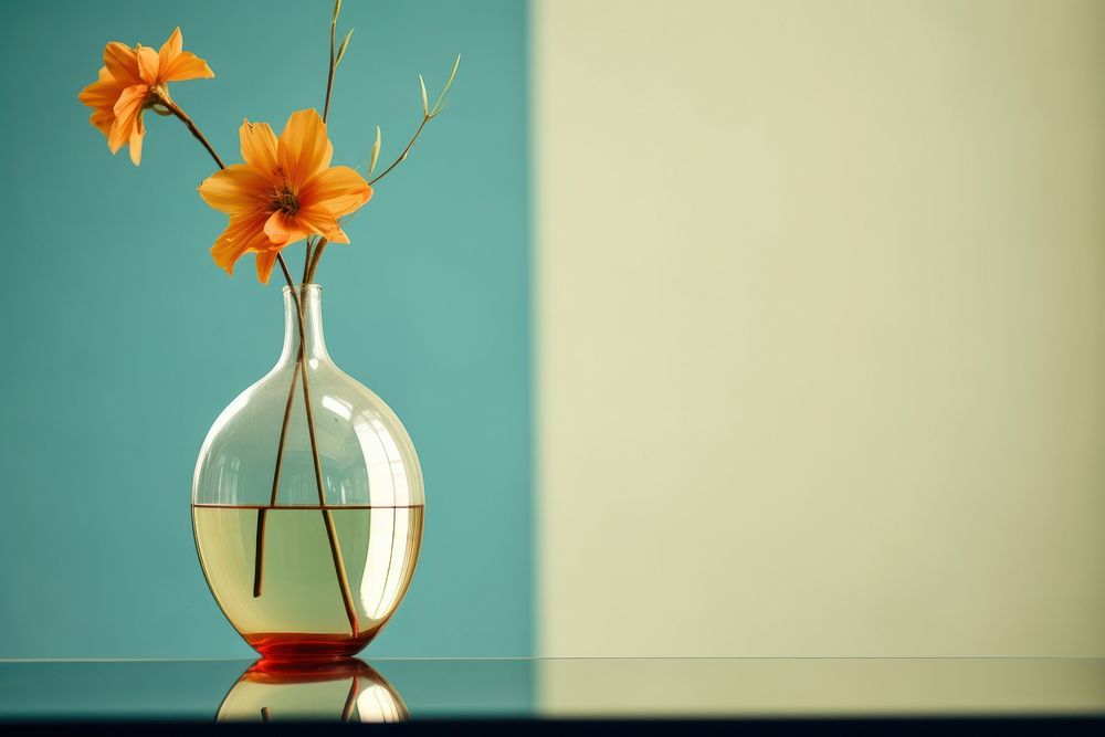 A flower in a vase on a table with mirror plant decoration flowerpot. AI generated Image by rawpixel.