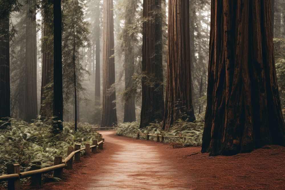 A path through a forest of redwood sequoia trees outdoors woodland nature.