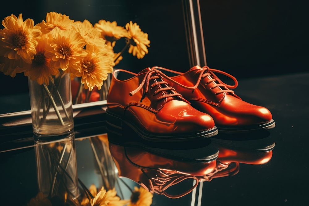 A pair of shoes sitting in front of a mirror flower footwear plant. AI generated Image by rawpixel.
