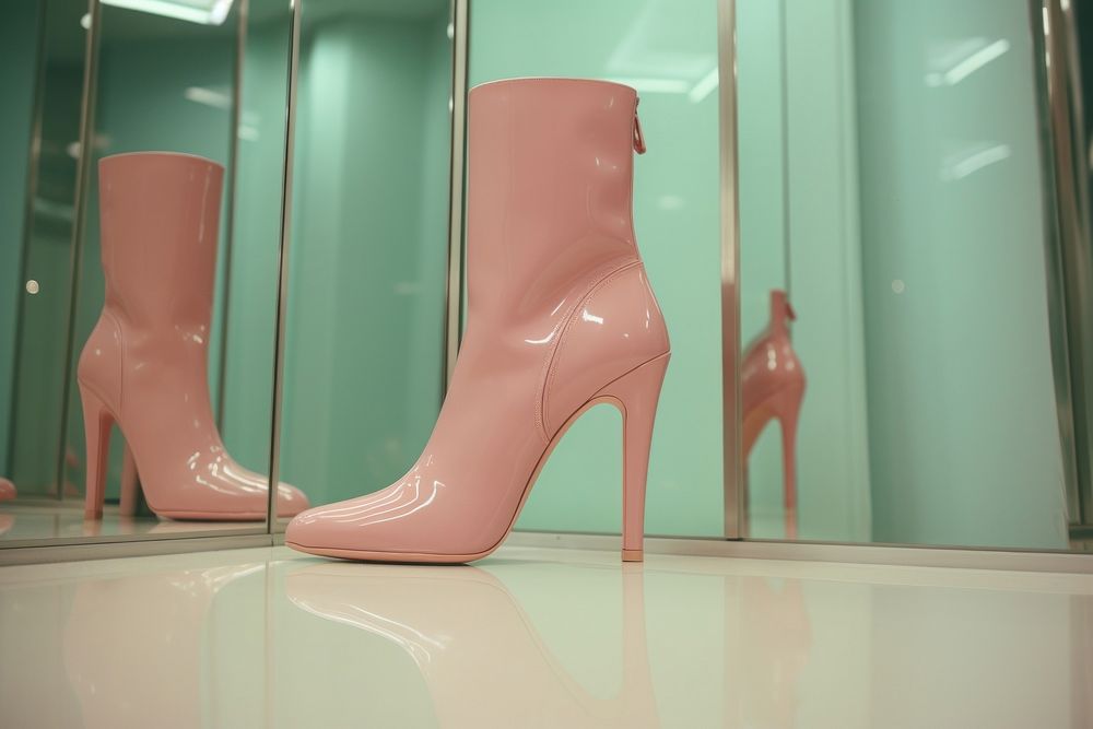 A pair of high heel boots sitting in front of a mirror footwear shoe clothing. AI generated Image by rawpixel.
