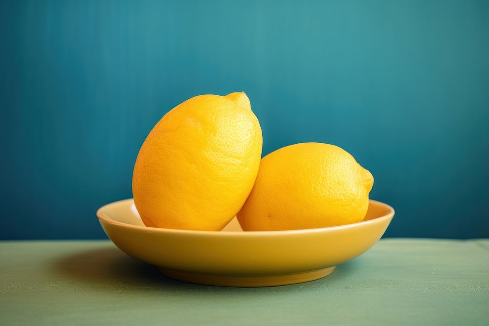 A plate with two lemons on a table fruit plant food. AI generated Image by rawpixel.